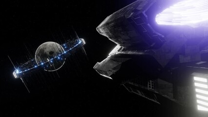 3D animation of large spacecraft flying to futuristic satellite ring around gray moon in space