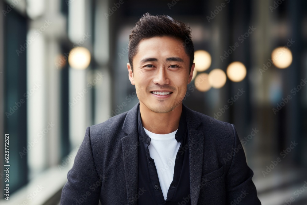 Wall mural Portrait photography of a pleased Chinese man in his 30s wearing a chic cardigan against a modern architectural background 