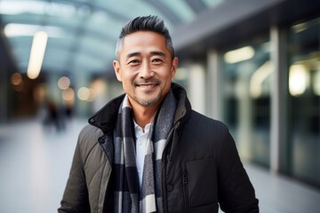 Portrait of a handsome asian man in winter jacket and scarf