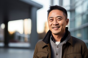 Portrait of happy asian man standing in front of office building