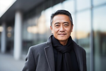 Portrait of smiling mature Asian businessman in the city. Looking at camera.