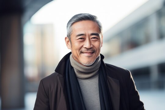 Medium shot portrait photography of a tender Chinese man in his 50s wearing a chic cardigan against a modern architectural background 