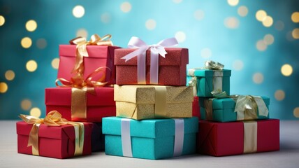 Obraz premium A pile of colorful wrapped presents for Christmas or a birthday. Generative AI illustration.