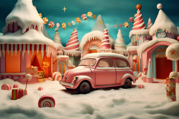 holiday winter christmas retro candy festive snow merry gift car. Generative AI.