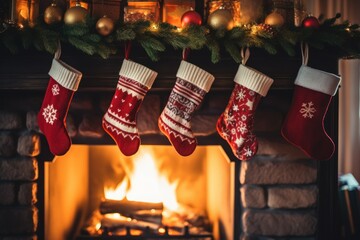 Decorated Christmas socks hanging over a fireplace in a cosy house. Generative AI illustration.