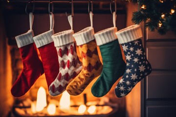 Decorated Christmas socks hanging over a fireplace in a cosy house. Generative AI illustration.