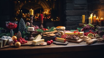 Christmas banquet in a cosy room. Food buffet for the holidays. Generative AI illustration.