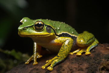 Image of green frog in nature forest. Amphibian. Illustration, Generative AI.