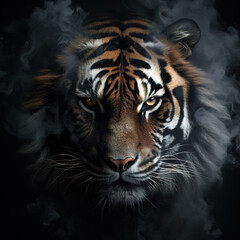 Image of an angry tiger face with fire smoke on black background. Wildlife Animals. Illustration, Generative AI.