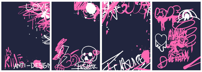 Graffiti poster set collection. Street art with splashes of paint, inscriptions, scribble and space for text Vector illustration © Yuhan_0001