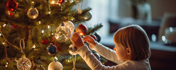 A happy girl decorating a large festive christmas tree with bauble decorations - Powered by Adobe