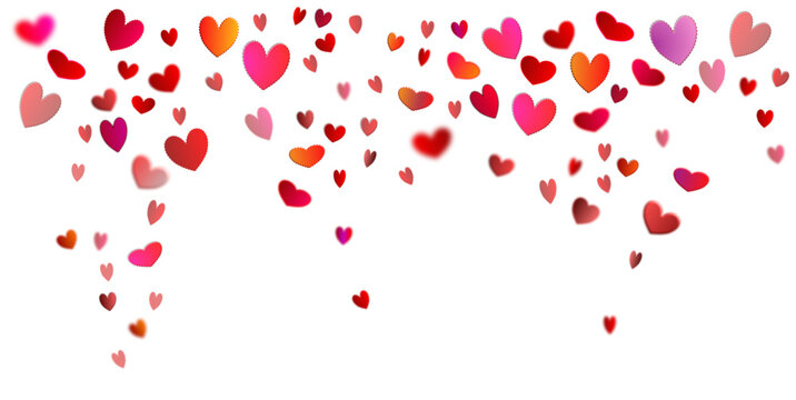 Falling hearts horizontal on transparent background. Valentine background with red, orange and pink hearts