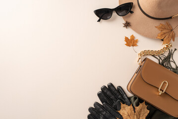 Perfect fall fashion accessories for warmth and style: handbag, felt hat, gloves and scarf and...