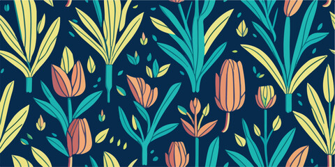 Tropical Paradise Blossoms, Vector Illustration of Tulip Flower Pattern