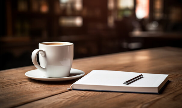 a cup of coffee next to the book on the table