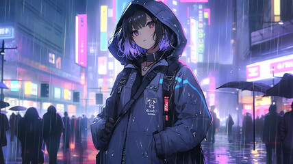 Anime girl character, cyberpunk cyborg in an urban cityscape on a rainy day. Created with Generative AI.