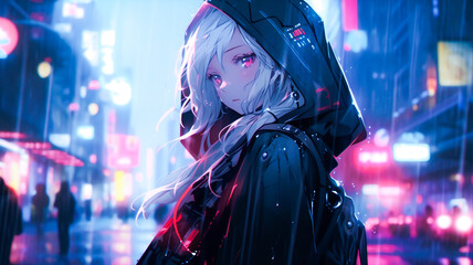 Anime girl character, cyberpunk cyborg in an urban cityscape on a rainy day. Created with Generative AI.