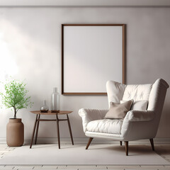 Modern living room with chair and table, Frame mockup
