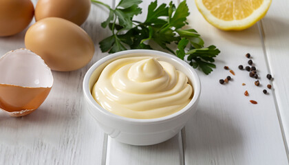 Traditional mayonnaise sauce in white ceramic bowl and ingredients for its preparation on white wooden background. Selective focus. - obrazy, fototapety, plakaty