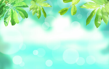 Spring background, green tree leaves on blurred background, illustration background