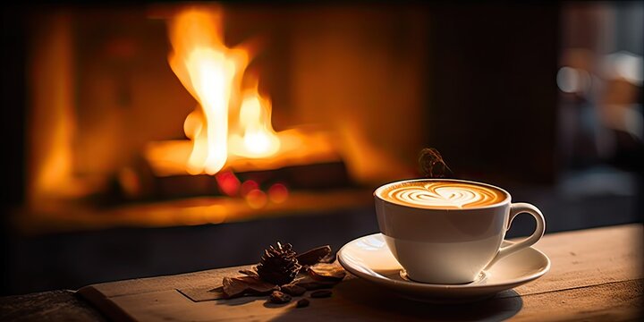 Coffee in white cup on wooden table in house in front of fireplace