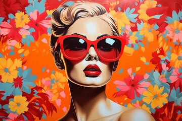 Woman with sunglasses, in Florida as pop art and vintage colage, Generative AI