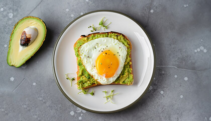 Toast with guacamole sauce from avocado, cheese, fried egg and fresh on white ceramic plate on gray concrete background. Selective focus. Top view.