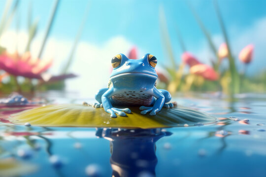 Artwork magazine imagination picture of funny painted frog sitting water lily leaf made with generative ai visual effect