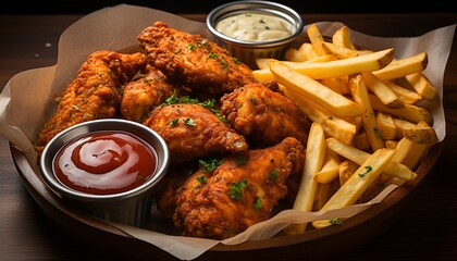 Southern fried chicken wings with fires and sauces  