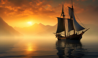 Obraz premium Sailing frigate anchored in quiet sea bay at dawn. Created using generative AI tools