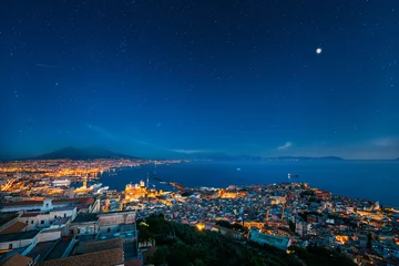 Papier Peint photo autocollant Naples Naples, Italy. Top View Skyline Cityscape In Evening Lighting. Tyrrhenian Sea And Landscape With Volcano Mount Vesuvius. City In Night Illuminations