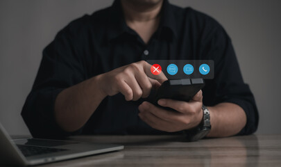 digital social media online concept : business man using his mobile or smart phone for chat , order his work or playing social media and search something is interesting while he was resting.	
