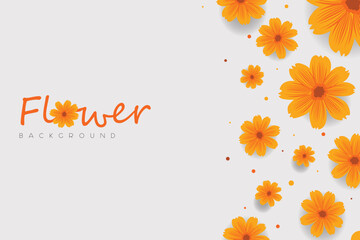 Orange Flower Background with Flowers in many sizes on the right side of the frame. White background Landscape with orange flower, header, and card.