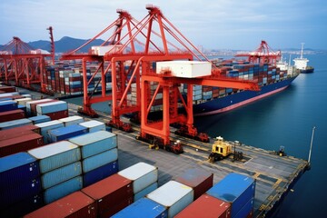 Fototapeta premium Vibrant and busy cargo port with ships, cranes, and containers