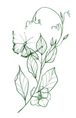 Line floral greenery arrangement. Graphic green contour branch, leaves, twigs and butterfly on black background. Isolated clipart.