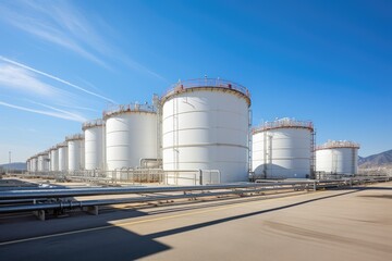 Tank farm with rows of oil storage tanks.