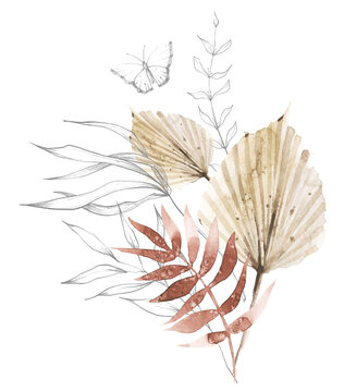 Watercolor floral arrangement. Beige, red autumn and exotic palm branch, leaves and twigs and gray sketch drawing lines. Isolated clipart.