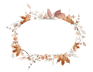Watercolor oval frame. Orange, gray, yellow autumn wild flowers, branches, maple leaves and twigs. Isolated clipart.