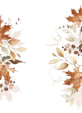 Watercolor rectangle frame. Orange and beige autumn wild flowers, branches, maple leaves and twigs. Isolated clipart.