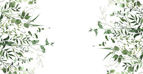 Watercolor painted greenery seamless frame. Green wild plants, branches, leaves and twigs. Isolated clipart.