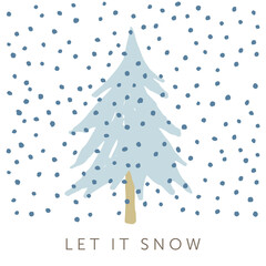 Christmas tree, text, snow, white background. Design template for the card, poster, t shirt. Vector illustration. Forest nature. Winter holidays. Season greeting