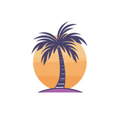 Fototapeta na wymiar Vector of a sunset with a palm tree silhouette in a flat icon style