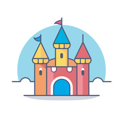 Vector of a colorful castle with a flag on top of it in a flat icon style