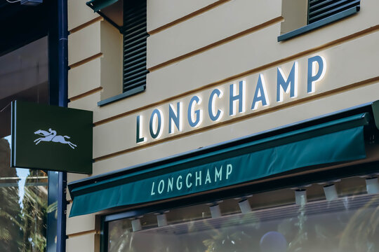 Nice, France - July 13, 2023: Signboard of the Longchamp boutique in the center of Nice