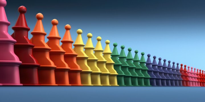 A row of colorful chess pieces on a blue surface. Generative AI. Surreal urban landscape. Visualization of gender spectrum