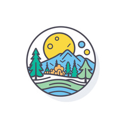 Vector of a flat icon vector of a serene mountain scene with a house surrounded by trees