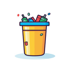 Vector of a flat vector icon of a yellow trash can filled with garbage