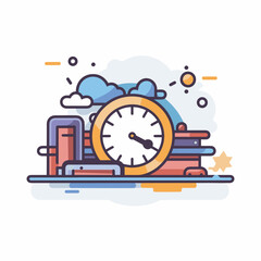 Vector of a clock sitting on top of a pile of books in a flat and minimalist style