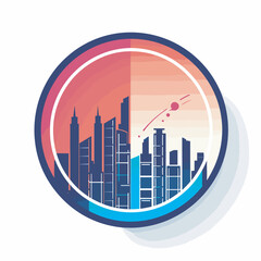 Fototapeta premium Vector of a cityscape in a circle with a red and blue background