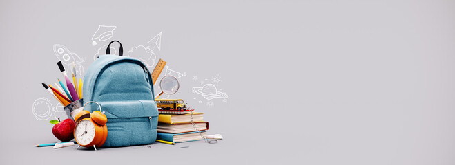 Blue school bag with books and school accessories on grey background with copy space. 3D Rendering,...